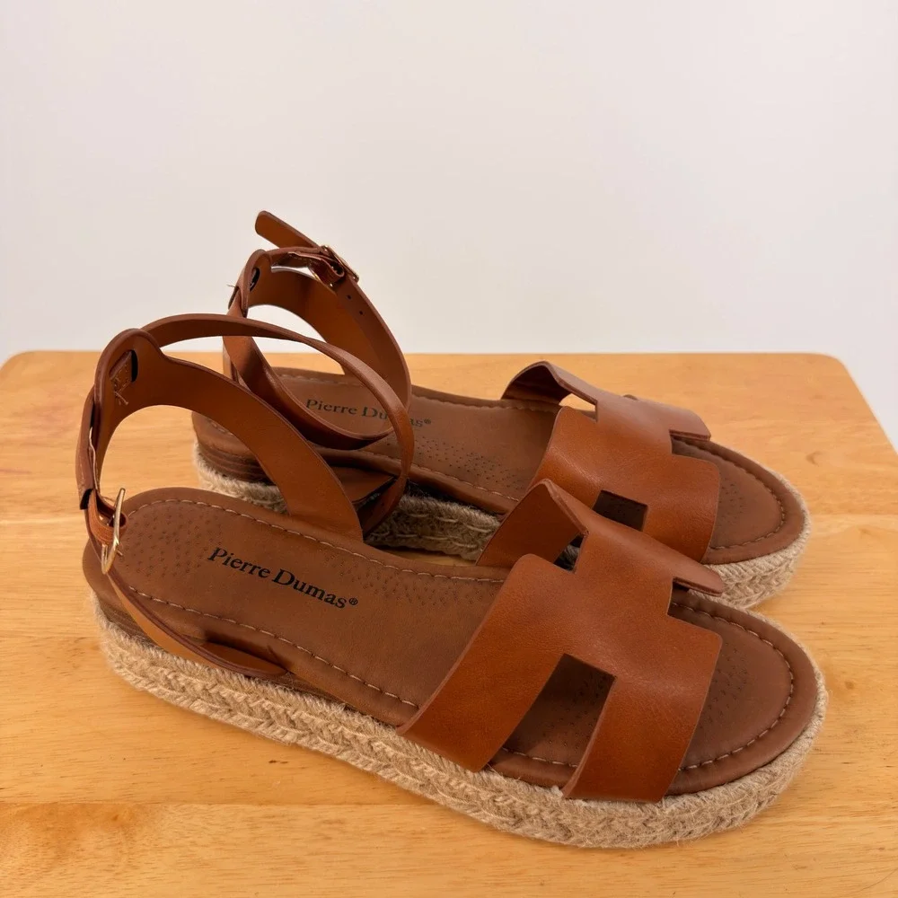Pierre Dumas Magic-30 Sandals Womens 9 Tan Espadrille Platform H-Strap Boho Chic
